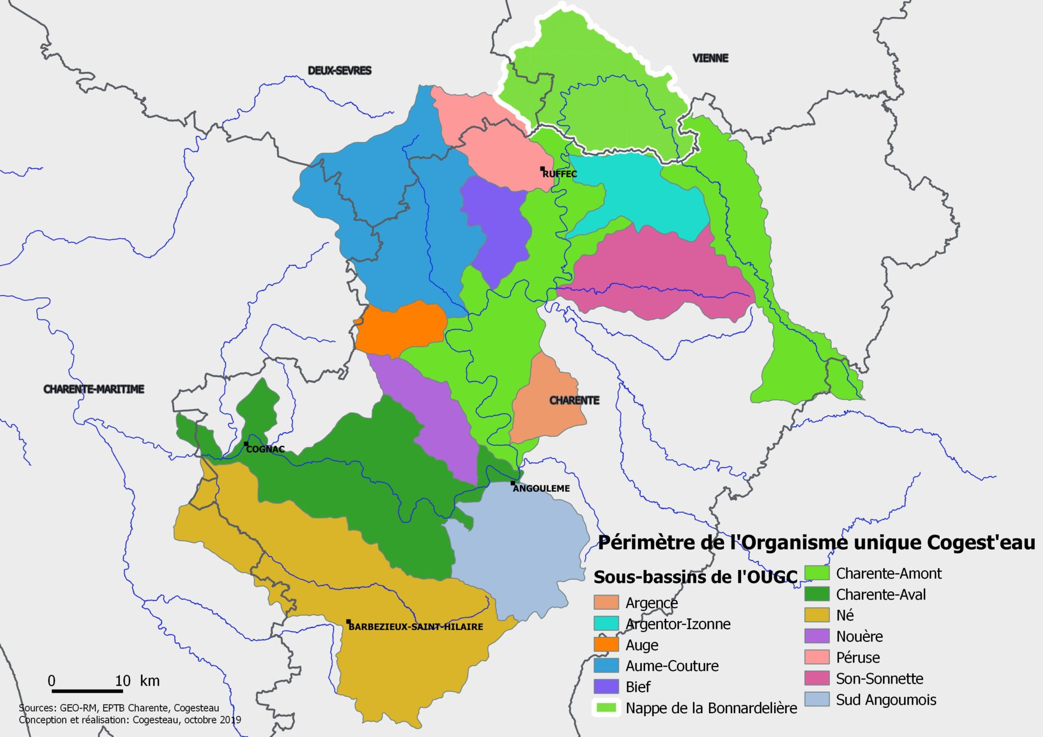 Carte du périmètre d'intervention de Cogesteau Charente pour l'irrigation